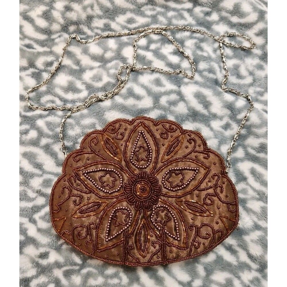 Vintage BIJOUX TERNER Beaded Satin Evening Bag Purse 8"x6" Brown Floral Design